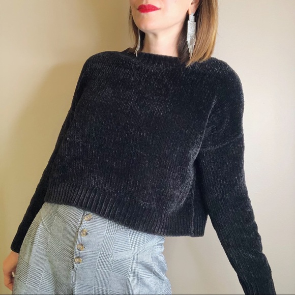 Chenille Black Cropped Sweater Xs 